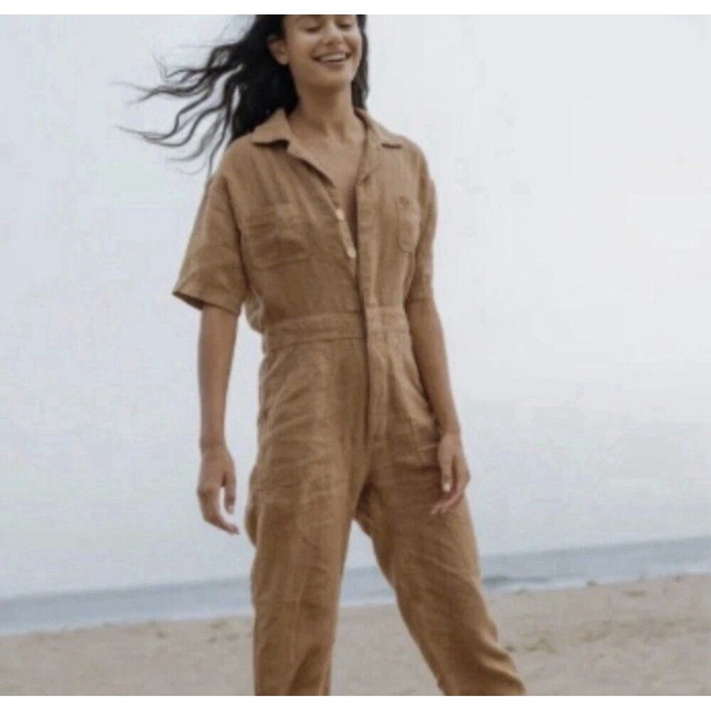 Mate the Label 100% Linen Short Sleeve Jumpsuit Sedona Clay Brown Womens Size XS
